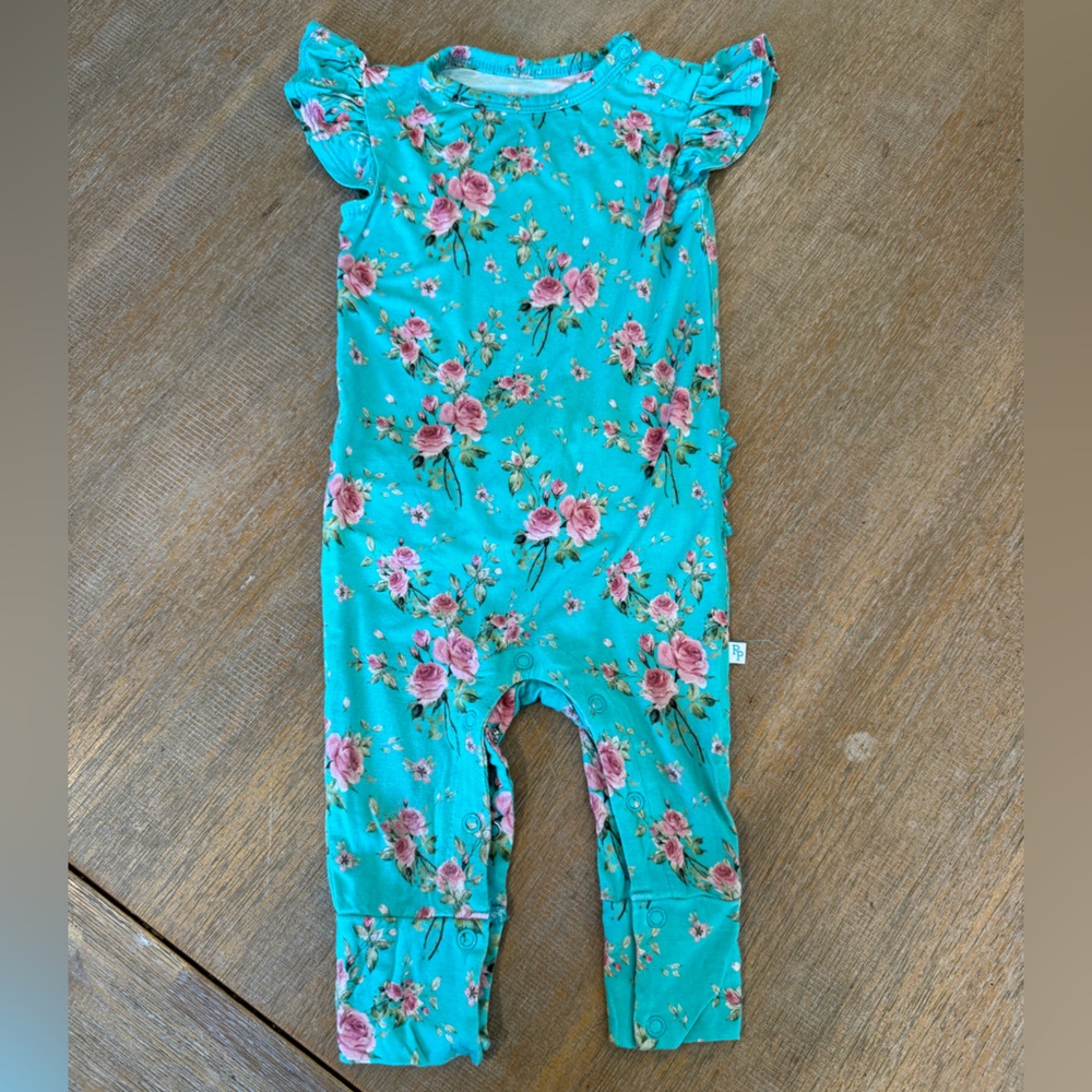 Posh Peanut Turquoise Romper with Pink Floral Design